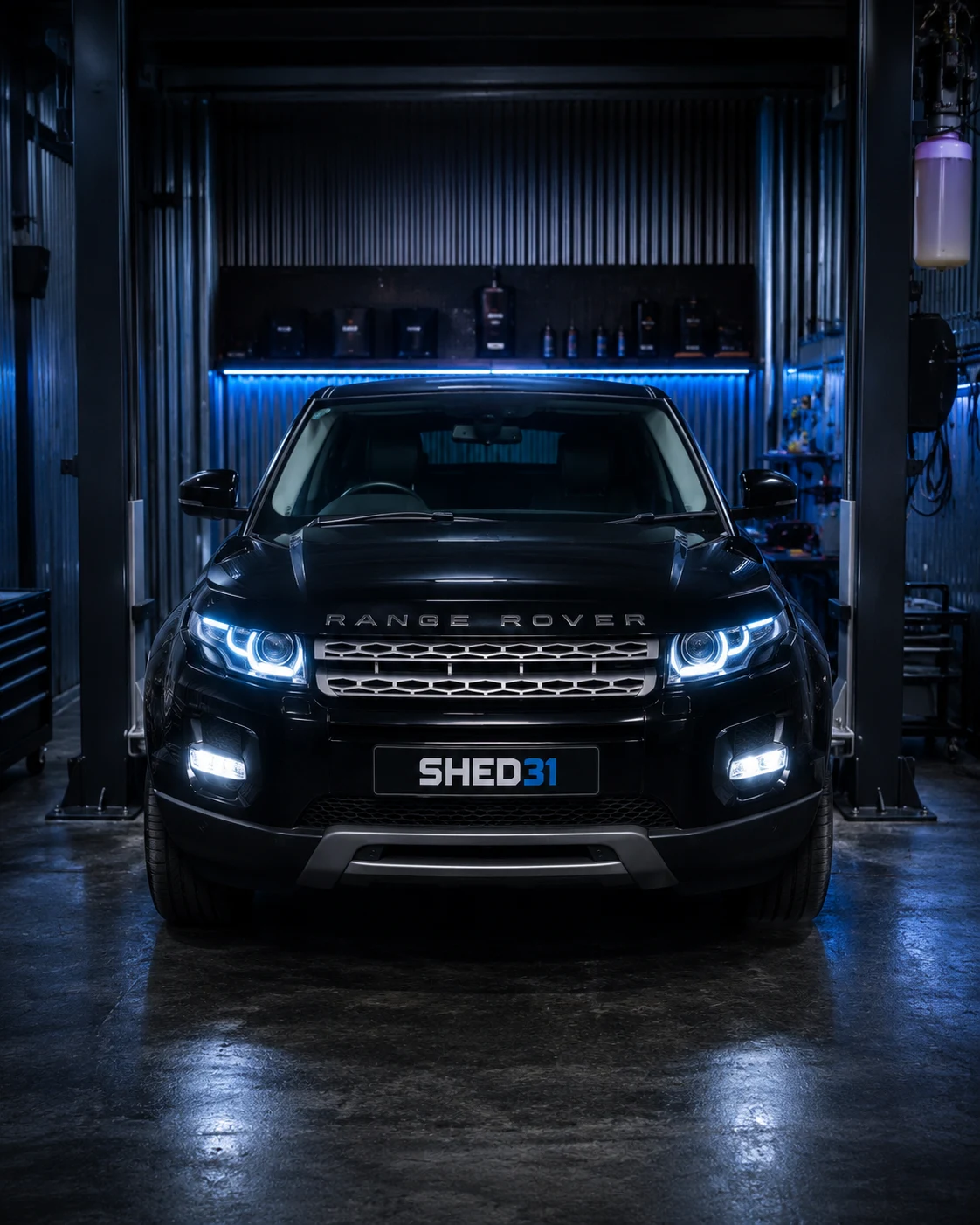 Black Range Rover Evoque in the Shed 31 workshop